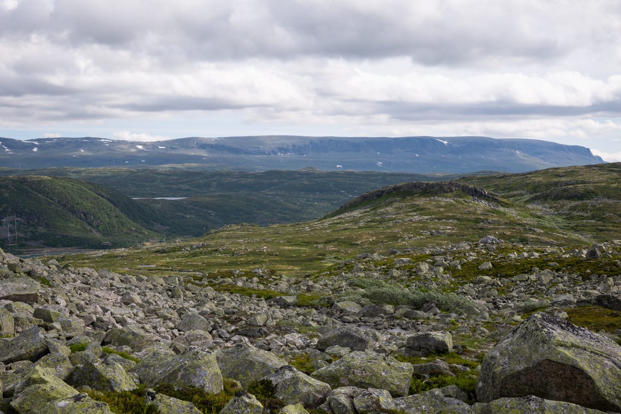 Steinur som heller ned mot tregrensen, med Hallingskarvet langs horisonten under en skyet himmel.